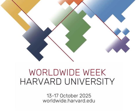 Logo for Harvard Worldwide Week 2025, with event dates October 13–17 and website worldwide.harvard.edu. Colorful abstract design at the top.