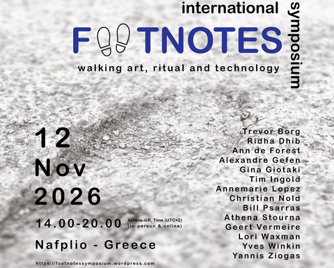 Poster for the "Footnotes" symposium, November 12, 2026, Nafplio: blue title with shoe prints over a gray pavement texture.